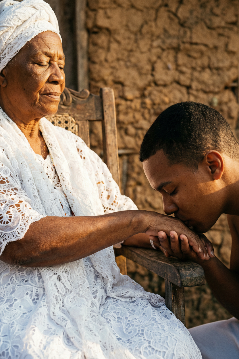 filho tomando a bênção de sua mãe de santo